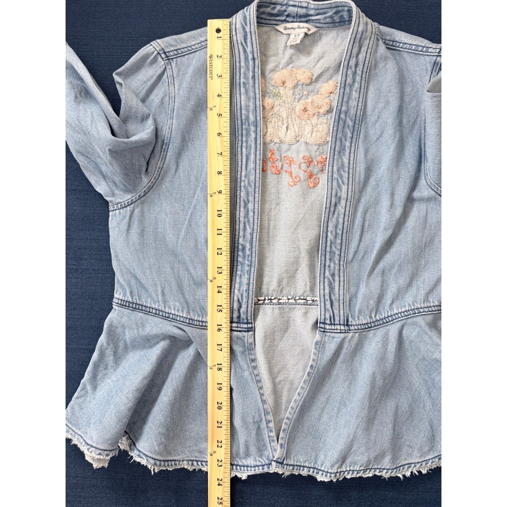 Tommy Bahama Denim Peplum Jacket Sm Embroidered Poppies Bell Sleeve Boho Coastal - Picture 6 of 6